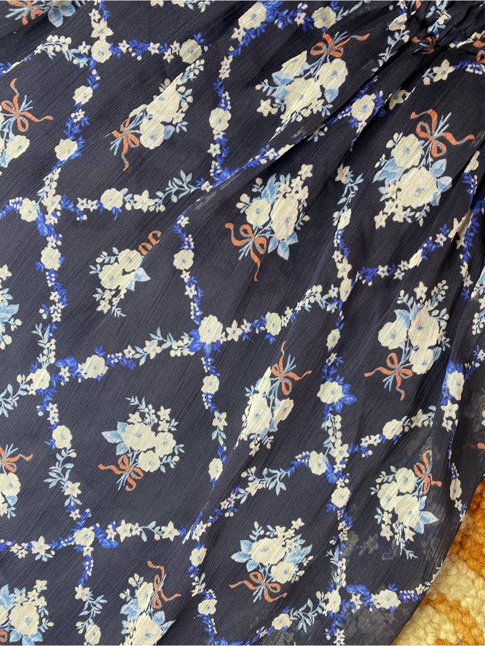 🌸Lauren Conrad Navy Blue Floral Smocked Puff Sleeve Square Neck Short Dress S - Picture 6 of 9